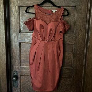 Jorya Brick Red Dress Off Shoulder Sleeve Lace Tank Women’s Sz 4 Silk Blend